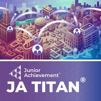 JA Titan Logo with animation of a pretend city